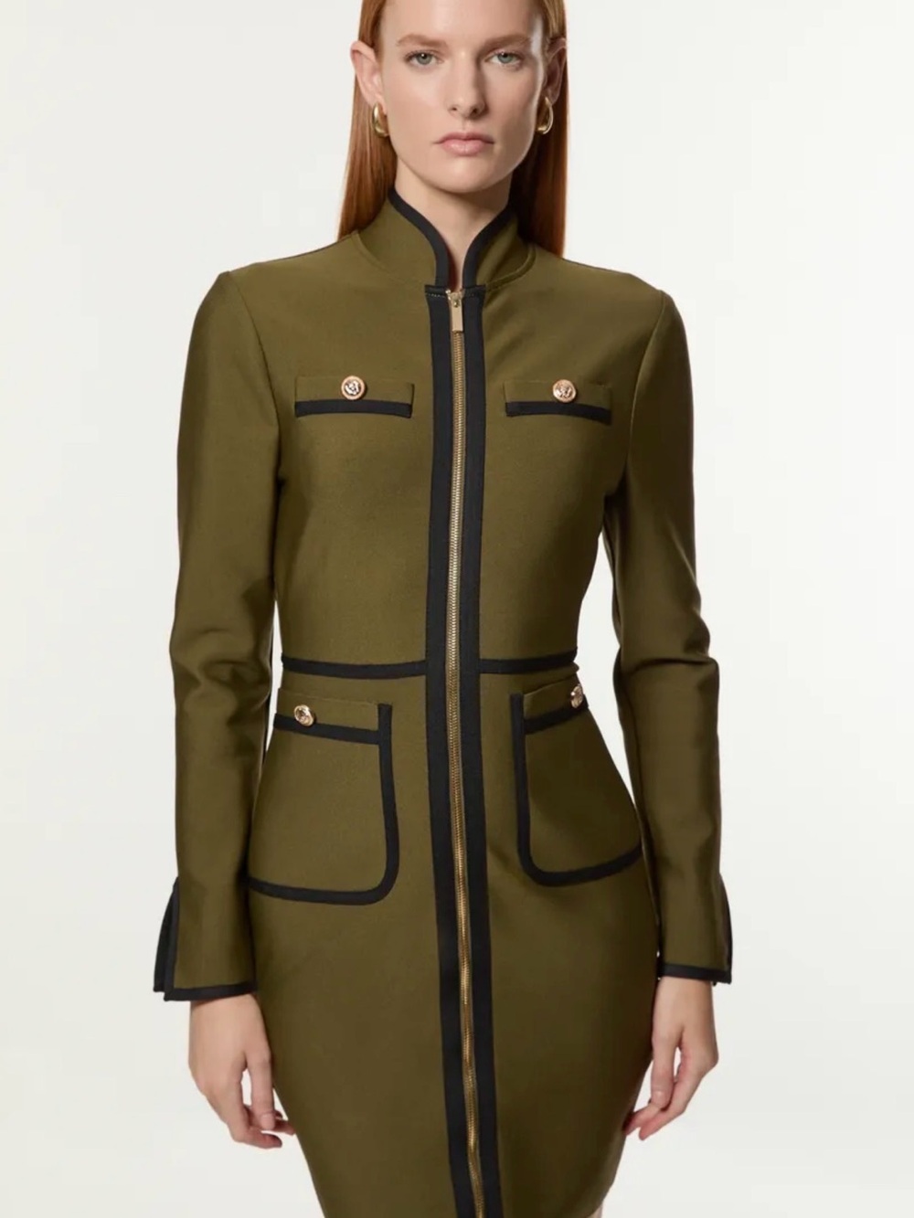Karen Millen Olive Jacket with Black Trim and Gold Hardware